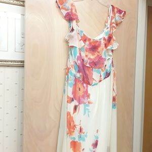 White Pink Floral Boho Ruffle Maxi Dress Bisou 12